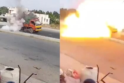 కెమెరాలో, ట్రక్కులో ఉంచిన సిలిండర్ తమిళనాడు హైవేపై పేలుతుంది