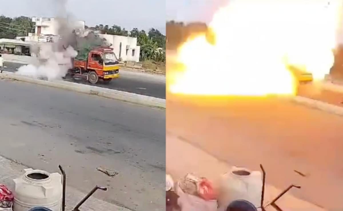 కెమెరాలో, ట్రక్కులో ఉంచిన సిలిండర్ తమిళనాడు హైవేపై పేలుతుంది