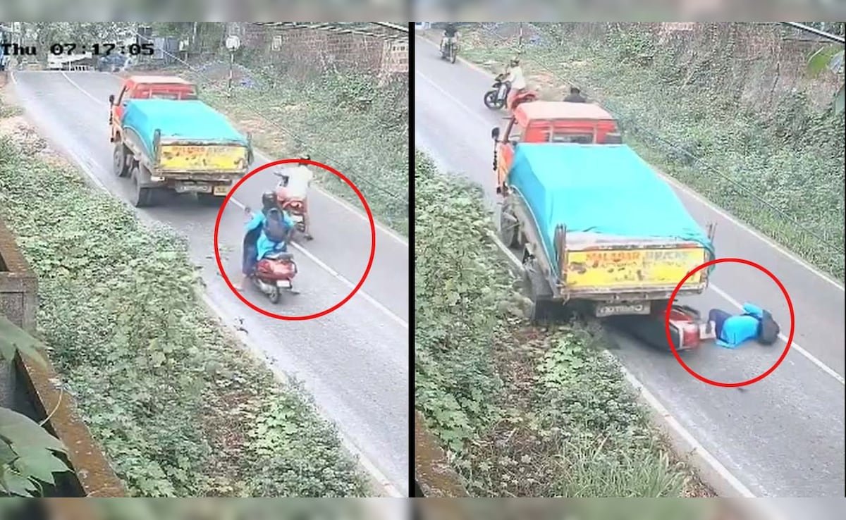ట్రక్ వాలుపైకి తిరిగి వెళుతుంది, కేరళలో అంగుళాల ద్వారా స్కూటర్‌లో మహిళను కోల్పోతుంది
