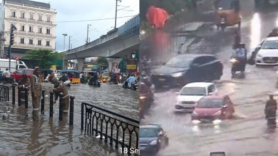 హైదరాబాద్‌లో మళ్లీ కుండపోత కుండపోత - చెరువులను చెరువులను తలపిస్తున్న తలపిస్తున్న రోడ్లు, స్తంభించిన స్తంభించిన స్తంభించిన ట్రాఫిక్ ..! - భారీ వర్షం హైదరాబాద్ యొక్క అనేక భాగాలను కొట్టడం